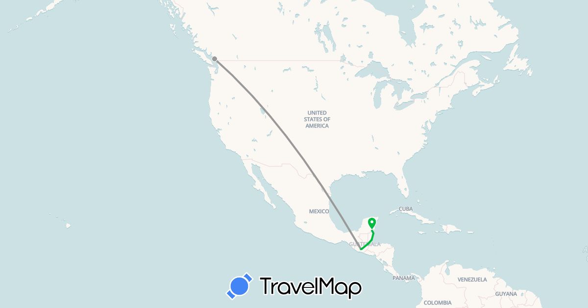 TravelMap itinerary: driving, bus, plane in Belize, Canada, Guatemala, Mexico (North America)